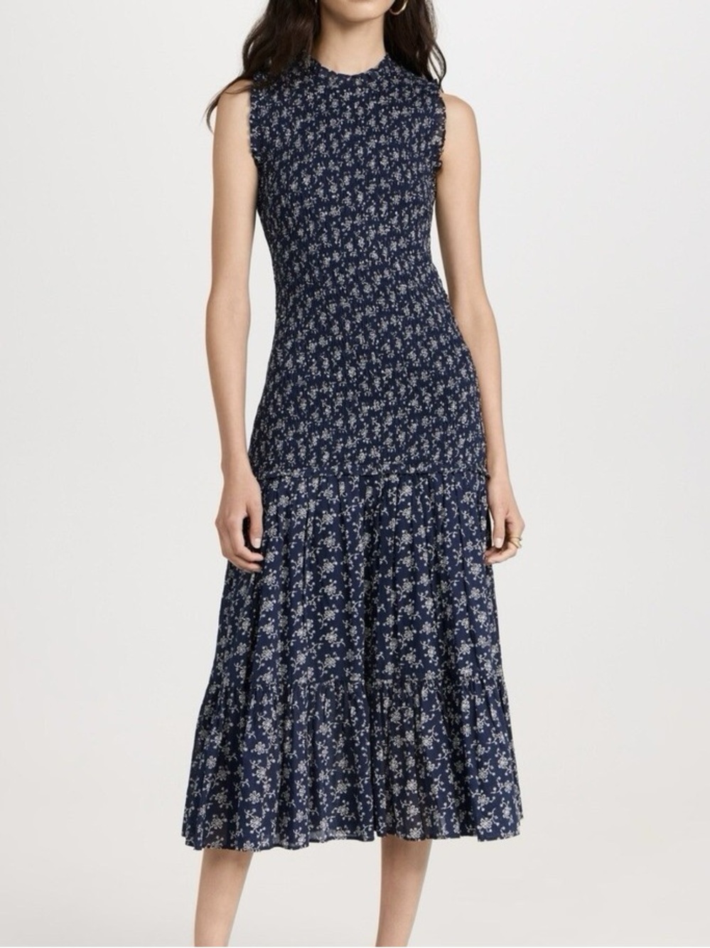 Veronica Beard Verena Floral Print Smocked Shirred Midi Dress Sz 0 Navy Blue
